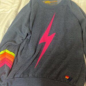RARE Aviator Nation - Bolt Stitch Chevron 5 Crew Sweatshirt in Heather Navy/Neon